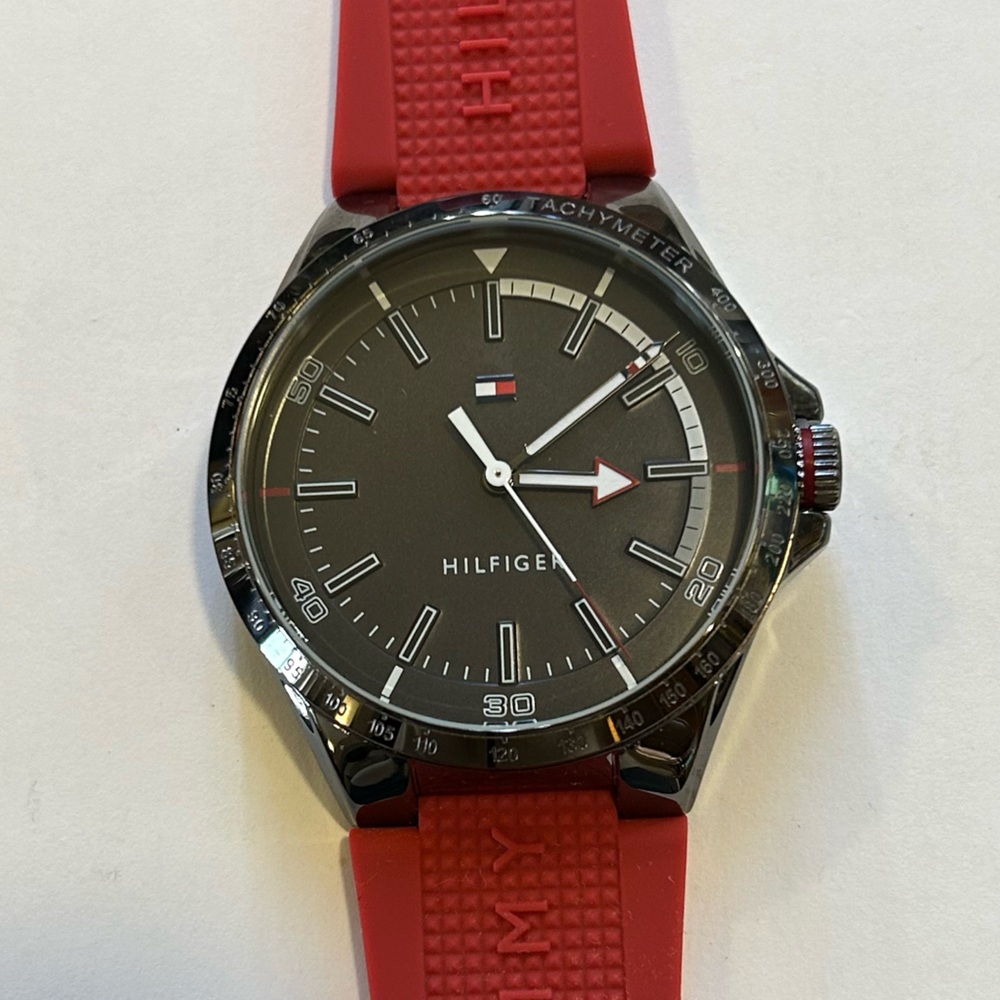 Tommy Hilfiger Watch With 44mm Gunmetal Grey Face & Red Silicone Band
